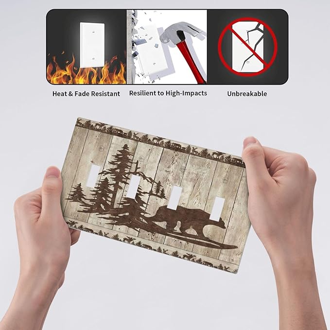 Rustic Wood Bear Forest Quad Toggle Light Switch Cover Decorative Vintage Antique Cabin 4 Gang Wall Plate Electrical Faceplate Switchplate for Farmhouse Bathroom Bedroom Living Room Decor