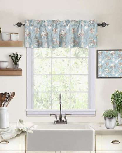 Easter Decor Valances Kitchen Curtains for Windows, Easter Bunny Rabbits Vintage Flowers Spring Holiday Rod Pocket Valances Blue Short Curtains for Bedroom/Living Room,54" X 18" -1 Panel