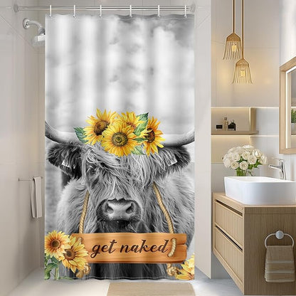 Aimego Stall Small Shower Curtain - Farmhouse Highland Cow Sunflower Rustic Western Country Get Naked Funny Narrow Half Fabric Cloth Bath Shower Curtain Set with 12 Hooks Bathroom Decor, 36"x72"