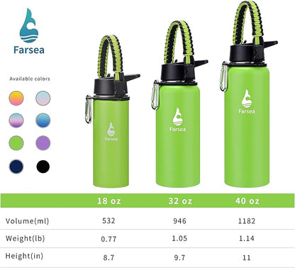Farsea Insulated Water Bottle with Straw Lid & Spout Lid & Paracord Handle, Stainless Steel Water Bottle Wide Mouth, Double Wall Sweat-Proof BPA-Free, 40 oz, Green
