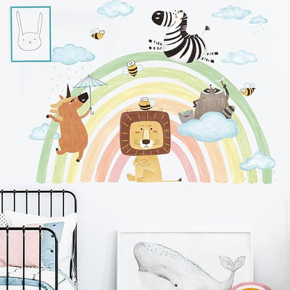 Jungle Animals Tree Wall Decals Lion Zebra Rainbow Wall Stickers Baby Nursery Kids Bedroom Living Room Wall Decor