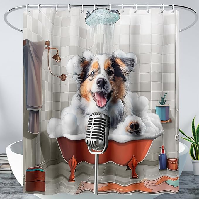 AILONEN Cute Bubble Puppy Shower Curtain for Kids Boys,Funny Singing Dog Waterproof Fabric Shower Curtain for Bathroom,Lovely Hilarious Pet Shower Curtain Set with Hooks,48" W*72" H