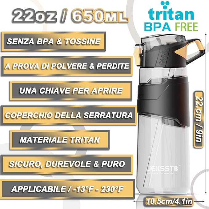 Sports Bottle - 22oz, Water Bottle with Straw, Leak Proof Flip Top Simple Modern Water Bottle, BPA Free Tritan Plastic Water Bottle. Suitable for Gym, Outdoor Travel Sports Enthusiast (Black)