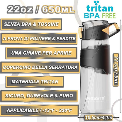 Sports Bottle - 22oz, Water Bottle with Straw, Leak Proof Flip Top Simple Modern Water Bottle, BPA Free Tritan Plastic Water Bottle. Suitable for Gym, Outdoor Travel Sports Enthusiast (Black)