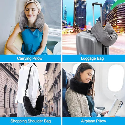 2pcs Stuffable Travel Pillow, Black Gray Neck Pillow with Adjustable Straps, Storage Bag Fits 3 Days Travel Essentials, Large Capacity Neck Pillow for Airplanes Traveling