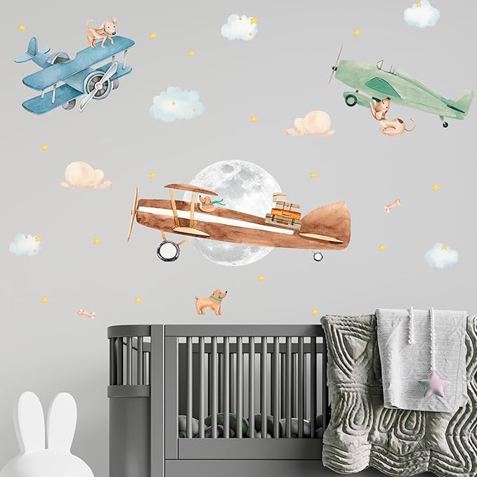 Large Airplane Wall Decals for Kids by Lipastick - 47 pcs Premium Kids Wall Stickers Aircrafts - Creative Nursery Wall Decal - Plane Vinyl Wall Decals for Baby Nursery Children Room Bedroom M Size