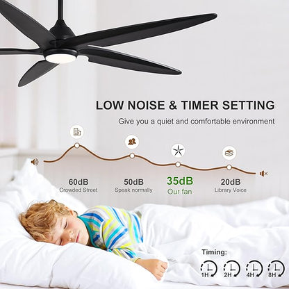 54 Inch Modern Ceiling Fan with Lights and Remote, 5 Wood Blades, 6-Speed Noiseless Reversible DC Motor with Replaceable Downrods for Bedroom Living Room Dining Room, Black