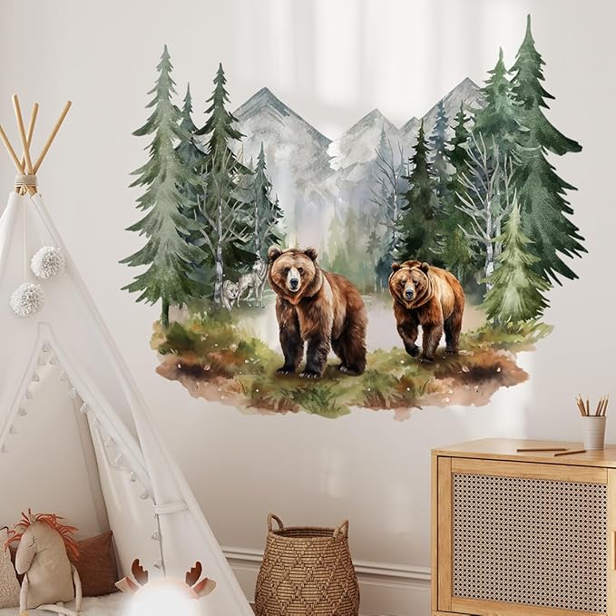 Vibrant Watercolor Bear Forest Wall Decals - Set of 2 Large Sheets (30x90cm) - Perfect for Nursery, Kids Room Decor - Easy Peel & Stick Removable Art