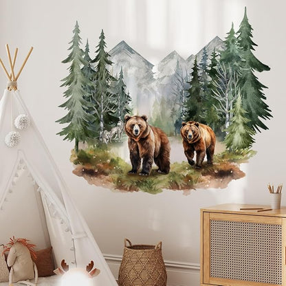 Vibrant Watercolor Bear Forest Wall Decals - Set of 2 Large Sheets (30x90cm) - Perfect for Nursery, Kids Room Decor - Easy Peel & Stick Removable Art
