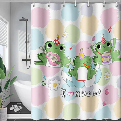AILONEN Frog Shower Curtain, Cute Frog Bathroom Curtain,Music Frog Green Cartoon Kids Shower Curtain 72" W*78" H Polyester Waterproof Frog Bathroom Curtain with 12 Hooks