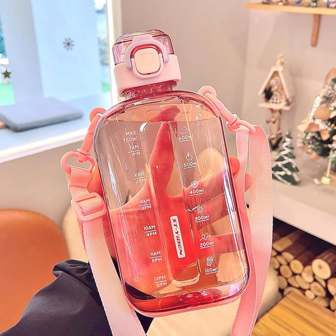 750ML Square Transparent Water Bottle, Cute Sports Water Jug with Adjustable Strap, Portable Motivational Water Bolttles for Travel, Hiking and Outdoor Workouts