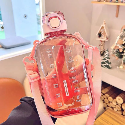750ML Square Transparent Water Bottle, Cute Sports Water Jug with Adjustable Strap, Portable Motivational Water Bolttles for Travel, Hiking and Outdoor Workouts