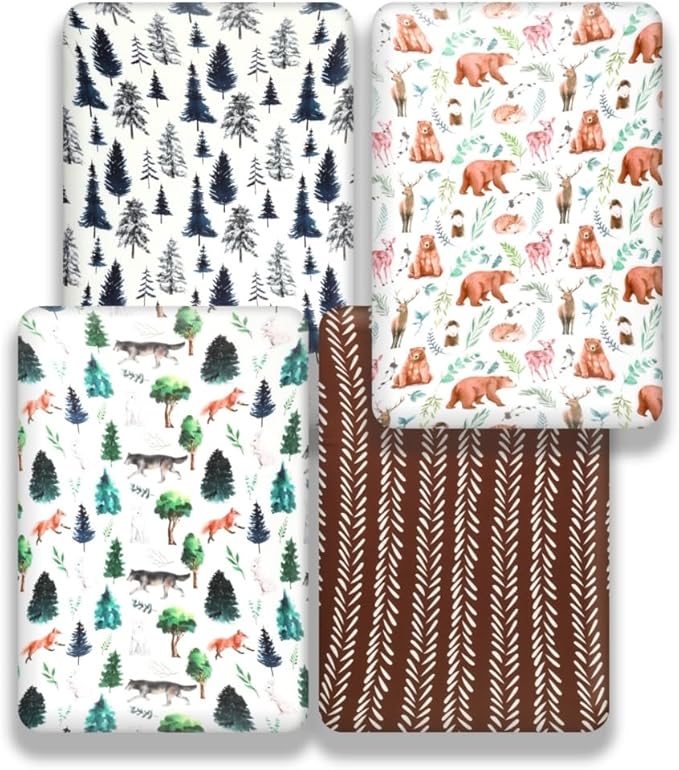 4 Pack N Play Sheets Woodland Forest Animals Wood Neutral Unisex Fitted Baby N Play Sheets Fitted for Standard Pack and Plays and Mini Cribs Set for Baby Boys or Girls