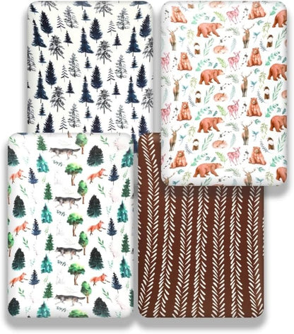 4 Pack N Play Sheets Woodland Forest Animals Wood Neutral Unisex Fitted Baby N Play Sheets Fitted for Standard Pack and Plays and Mini Cribs Set for Baby Boys or Girls
