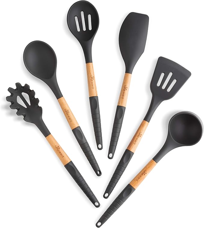 Silicone Cooking Utensils Set (6 pcs) Natural Wood Kitchen Utensils – Eco Friendly & BPA Free, Non-Scratch & Non-Stick Easy Grip -Black