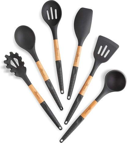 Silicone Cooking Utensils Set (6 pcs) Natural Wood Kitchen Utensils – Eco Friendly & BPA Free, Non-Scratch & Non-Stick Easy Grip -Black