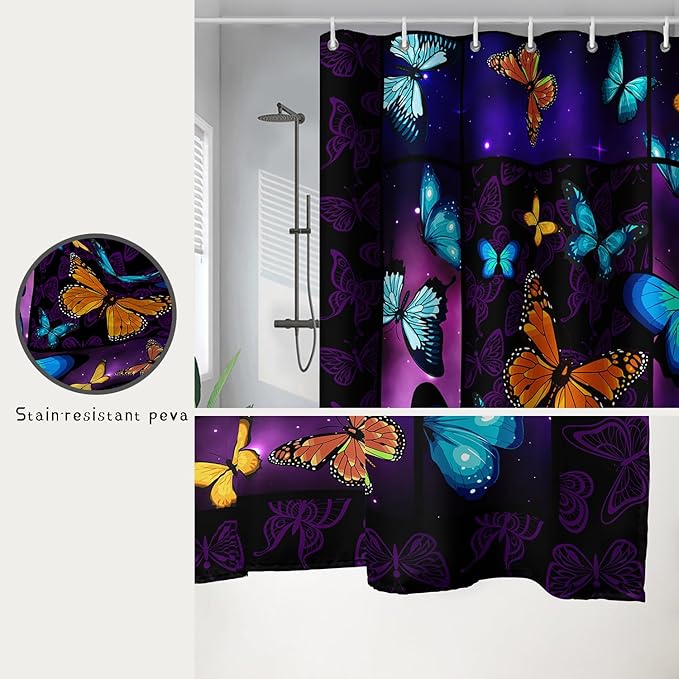 AILONEN Colorful Butterfly Shower Curtain,Animal Shower Curtain 72" W*72" H for Bathroom Decor,Mystic Purple Galaxy Butterfly Modern Shower Curtain Waterproof Bath Curtain with Grommets and 12 Hooks
