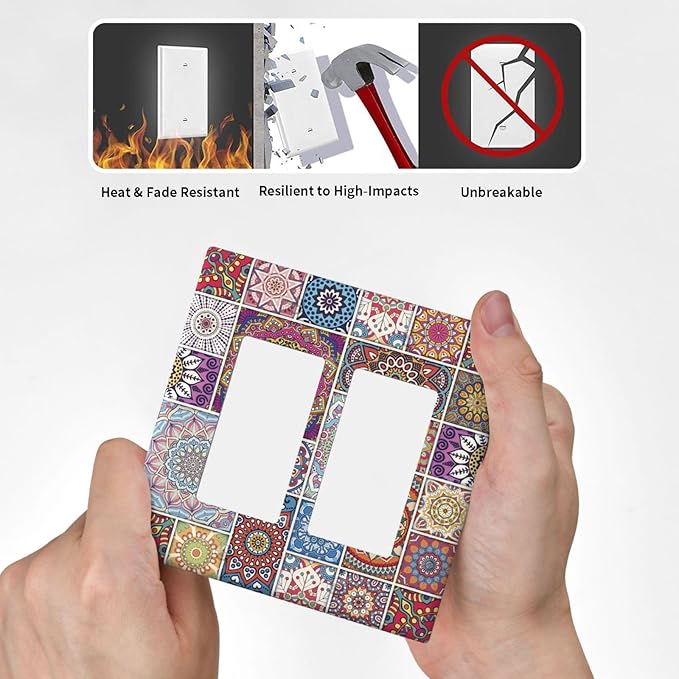 Morocco Talavera Mexican Tiles Printed Colroful Mandala 2 Gang Rocker Decora Light Switch Covers Dual Outlet Covers Wall Plate Decorative Switchplate Electrical Faceplate GFCI for Kitchen Bathroom