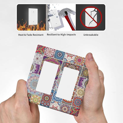 Morocco Talavera Mexican Tiles Printed Colroful Mandala 2 Gang Rocker Decora Light Switch Covers Dual Outlet Covers Wall Plate Decorative Switchplate Electrical Faceplate GFCI for Kitchen Bathroom