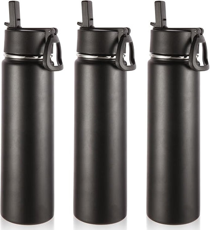 Volhoply 24oz Insulated Water Bottle With Straw Bulk 3 Pack,Metal Wide Mouth Water Bottles With Handle Lid Keep Cold,Reusable Double Wall Thermos,Powder Coated Sport Bottle For Holder(Black,3 Count)