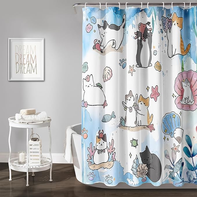 AILONEN Watercolor Cat Shower Curtain for Bathroom, Cute Cat Princess Shell Waterproof Bath Curtain,Cat Lover Minimalist White Curtain with 12 Plastic Hooks(48" W*72" H)