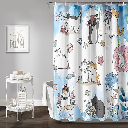 AILONEN Watercolor Cat Shower Curtain for Bathroom, Cute Cat Princess Shell Waterproof Bath Curtain,Cat Lover Minimalist White Curtain with 12 Plastic Hooks(36" W*72" H)