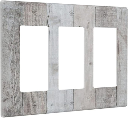 Rustic Grey Wood Shiplap 3 Gang Rocker Light Switch Plate Vintage Country Triple Decora Outlet Wall Plate Cover Faceplate Decorative Switchcovers GFCI for Farmhouse Bathroom Livingroom Bedroom Decor