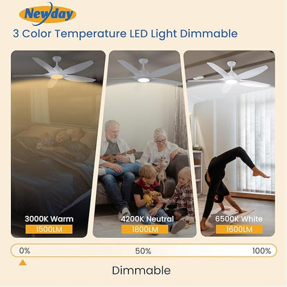 Newday 60" White Ceiling Fans with Light and Remote, Modern, Noiseless Reversible DC Motor, Large Indoor, Kitchen, Bedroom, Living Room