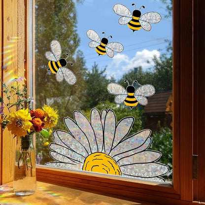 8Pcs Rainbow Window Clings,Bee Flowers Suncatcher Sticker for Window,Window Cings for Glass Windows,Bird Deterrent for Windows (Bee Flowers)