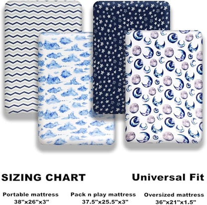 4 Pack Fitted Pack N Play Sheets for Baby Boys Neutral Unisex Breathable Soft Toddler Mini Crib Sheets for Pack and Play Mattress (Sky)