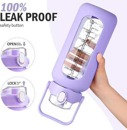 64 oz Glass Water Bottle with Straw and 2 Lids, Half Gallon Water Bottle with Sleeve, Large Insulated 2 Liter Glass Water Jug Time Marker with Handle - Purple