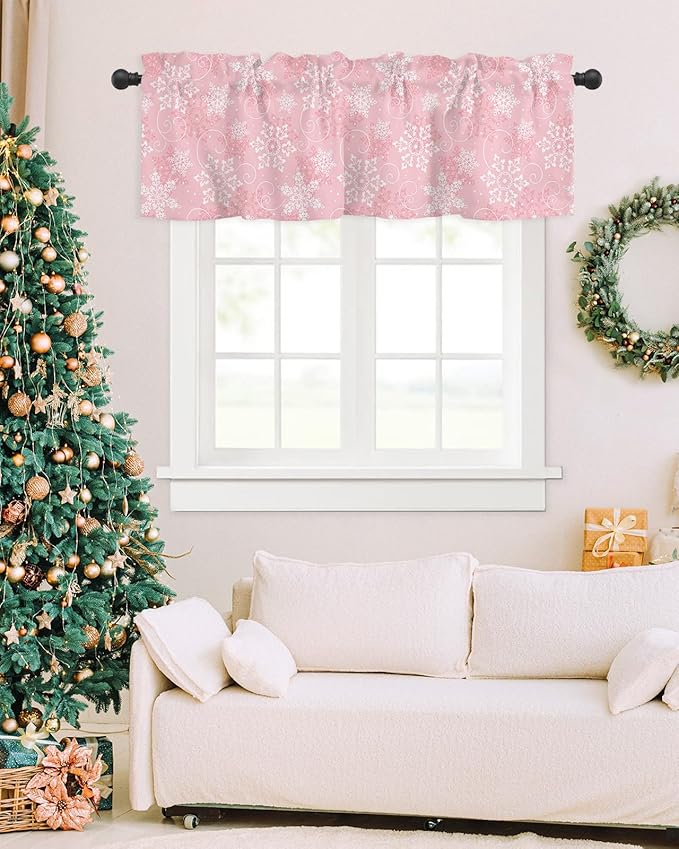 Christmas Valance Curtains for Kitchen Windows Pink White Snowflakes Pattern Rod Pocket Window Treatment Toppers for Kitchen/Living Room/Bedroom/Bathroom, 42" X 18", Winter