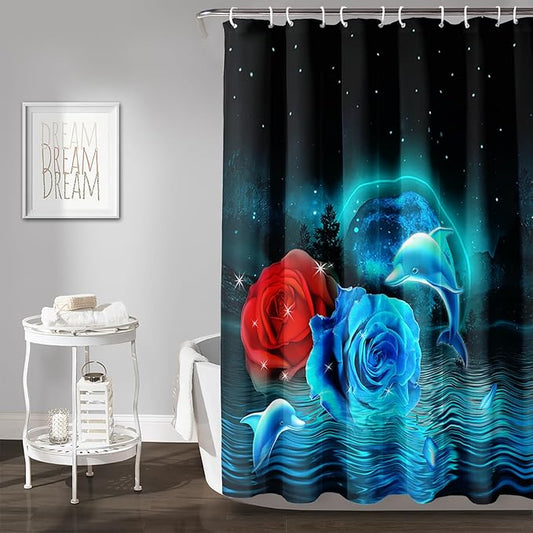 AILONEN Blue and Red Rose Shower Curtain,Cute Dolphin Shower Curtain for Bathroom Decor,60" W*72" H Polyester Waterproof Evening Starry Moon Flower Bath Curtain with 12 Hooks