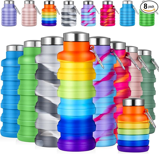 Lallisa 8 Pcs Collapsible Water Bottle Reusable Silicone Foldable Water Bottles 17 oz Portable Lightweight Sports Water Bottle with Carabiner for Gym Hiking Camping Travel (Mixed Colors)