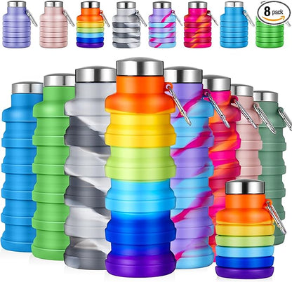 Lallisa 8 Pcs Collapsible Water Bottle Reusable Silicone Foldable Water Bottles 17 oz Portable Lightweight Sports Water Bottle with Carabiner for Gym Hiking Camping Travel (Mixed Colors)