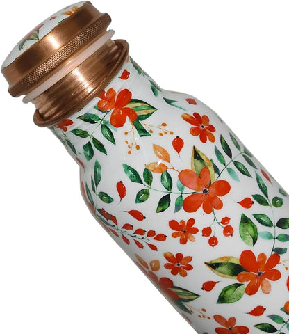 Copper Ayurveda Copper Water Bottle for Drinking – Travel Water Bottle for Gym, Yoga, Office, Hiking, Outdoor – with Lid (Yellw Pink floral) (White floral)
