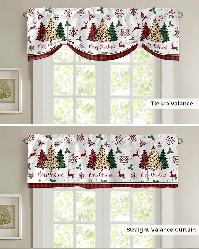 Merry Christmas Blackout Tie Up Valance Curtains for Kitchen Windows Farm Christmas Tree Buffalo Plaid Leopard Window Toppers Balloon Shades for Living Room/Bathroom/Bedroom,60" X 18" Holiday Decor