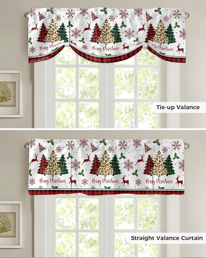 Merry Christmas Blackout Tie Up Valance Curtains for Kitchen Windows Farm Christmas Tree Buffalo Plaid Leopard Window Toppers Balloon Shades for Living Room/Bathroom/Bedroom,54" X 18" Holiday Decor