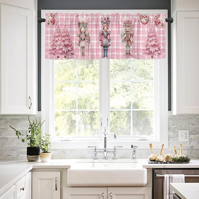 Pink Plaid Nutcrackers Christmas Window Valance for Kitchen Living Room, Pink Christmas Nutcrackers Window Curtain for Bedroom Bathroom, Pink Window Valance Rod Pocket Window Treatment, 54" W x 18" L