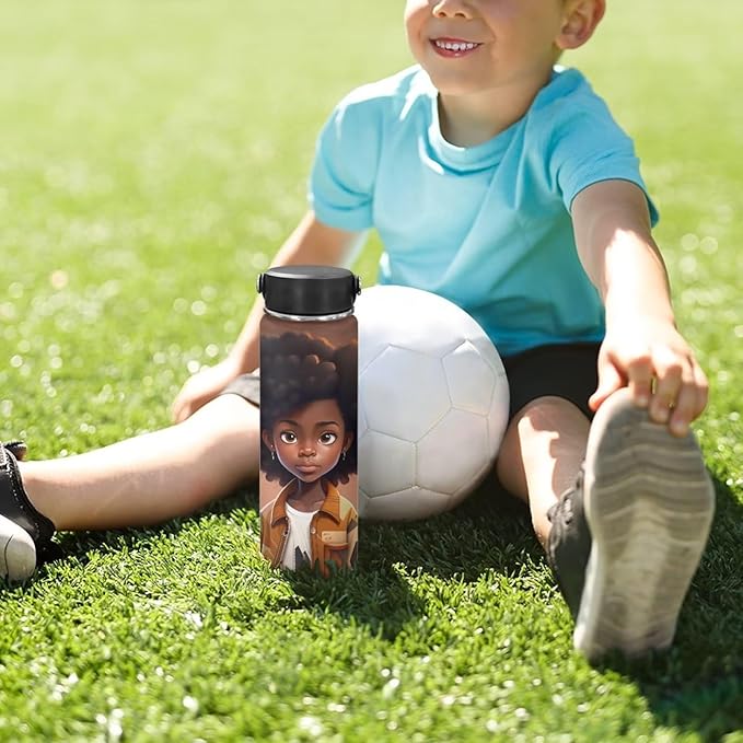 African Stainless Steel Water Bottle with Handle Vacuum Insulated Water Bottles 20 oz Metal Flask Afro American Travel Cup Coffee Mug Wide Mouth Bottle Leak Proof Reusable