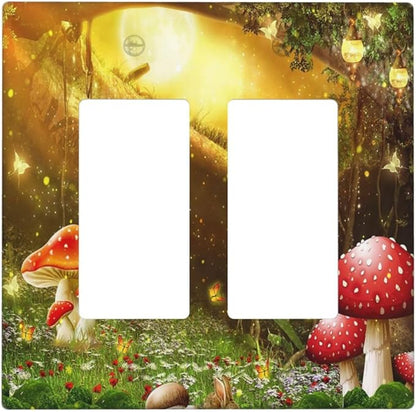 Red Mushroom Forest Fairy Moon Butterfly 2 Gang Rocker Decora Bohemian Light Switch Covers Decorative Dual Outlet Covers Wall Plate Electrical Faceplate Switchplate GFCI for Kidroom Nursery
