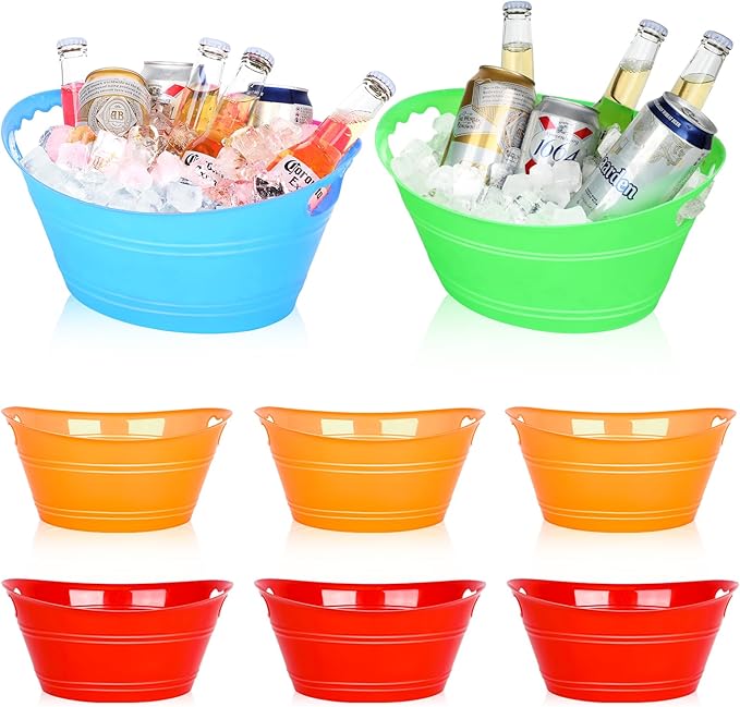 8Pcs Ice Bucket, Plastic Ice Buckets for Parties, Drink Buckets with Handles Beverage Buckets Oval Storage Plastic Tub for Wine Beer Champagne Bottles, 4.3Liter (set-1)