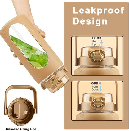 64 Oz Glass Water Bottle with Straw and Lid, Sports Motivational Water Bottle, Leakproof Water Jug Fitness with Silicone Sleeve for Gym, Brown