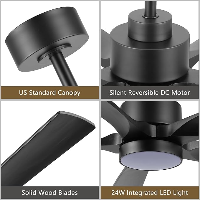 60" Modern Ceiling Fan with Lights and Remote Control, 5 Solid Wood Blades 6-Speed Noiseless Reversible DC Motor, Ceiling Fan for Bedroom Dinning Living Room, Black