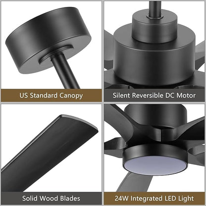 60" Modern Ceiling Fan with Lights and Remote Control, 5 Solid Wood Blades 6-Speed Noiseless Reversible DC Motor, Ceiling Fan for Bedroom Dinning Living Room, Black