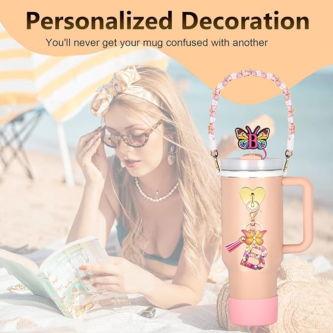 Stanley Cup Accessories Include Silicone Stanley Straw Cover, Butterfly Letter KeyChain Charms, Water Bottle Handle Strap, Boot and Chain for Stanley Cup 30oz 40oz Tumbler