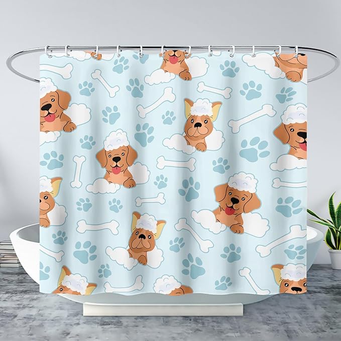 AILONEN Cute Dog Shower Curtain,Cute Bulldog Labrador Dog Print Shower Curtain, 36" W*72" H Waterproof Happy Shower Puppy Dog Lover Curtain with Grommets and 12 Hooks