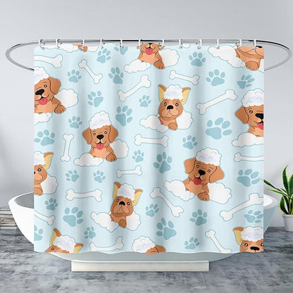 AILONEN Cute Dog Shower Curtain,Cute Bulldog Labrador Dog Print Shower Curtain, 48" W*72" H Waterproof Happy Shower Puppy Dog Lover Curtain with Grommets and 12 Hooks