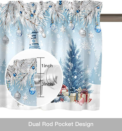 Christmas Gnome Valance Curtains for Kitchen Windows Winter Merry Christmas Tree Balls Rod Pocket Window Treatment Toppers for Kitchen/Living Room/Bedroom/Bathroom, 60" X 18", Blue