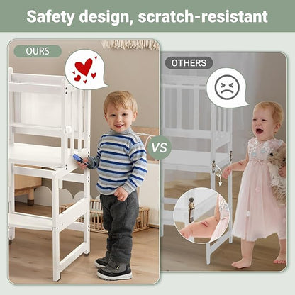 COSYLAND 3-in-1 Multifunctional Toddler Standing Tower, Kids Kitchen Step Stool with Whiteboard, Desk Table and Chair, Enjoys Unique Patented Design,FSC,CPC,SOR,CE,White